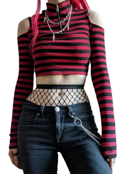 Punk Y2K Red Stripe Off-Shoulder Crop Top – Gothic Mall Aesthetic
