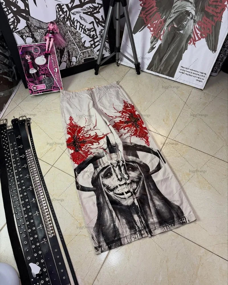 Y2K Gothic Cargo Pants – Wide-Leg Streetwear Trousers with Red Floral Graffiti Print
