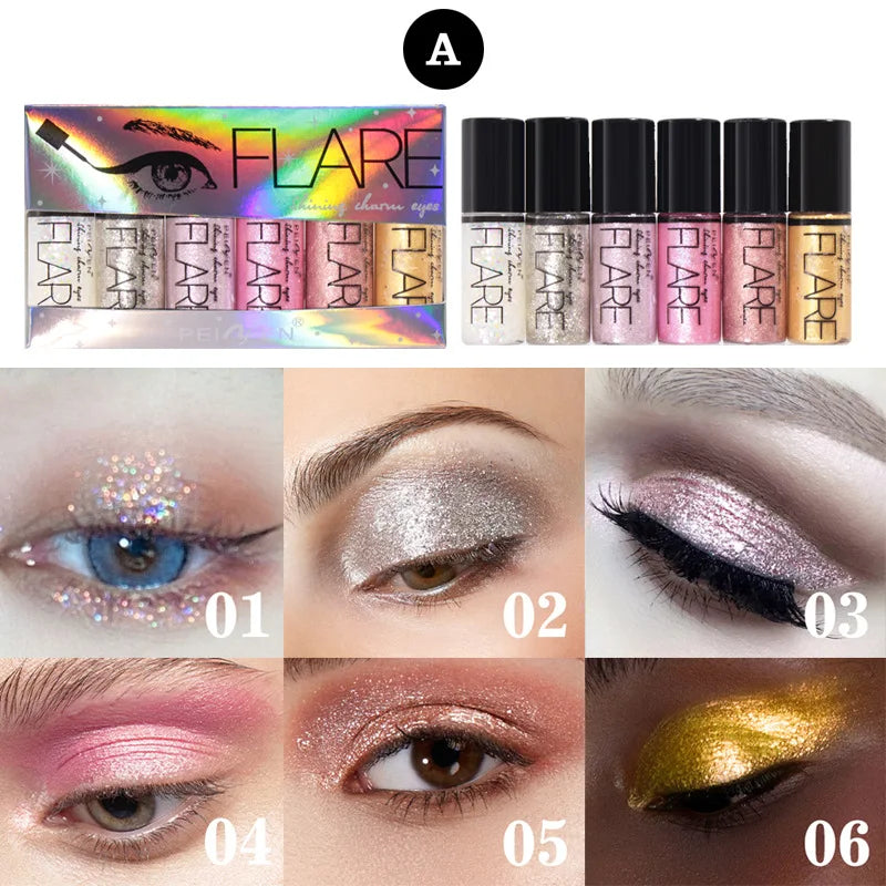 6PCS Flash Liquid Eyeliner Set – Shiny, Waterproof, Long-Lasting Colors
