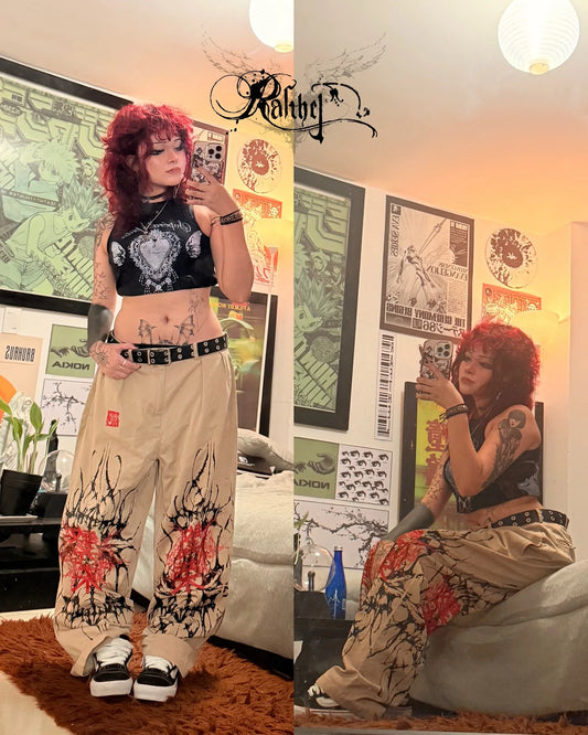 Y2K Gothic Cargo Pants – Wide-Leg Streetwear Trousers with Red Floral Graffiti Print