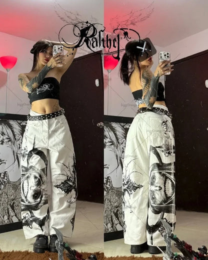 Y2K Gothic Cargo Pants – Wide-Leg Streetwear Trousers with Red Floral Graffiti Print