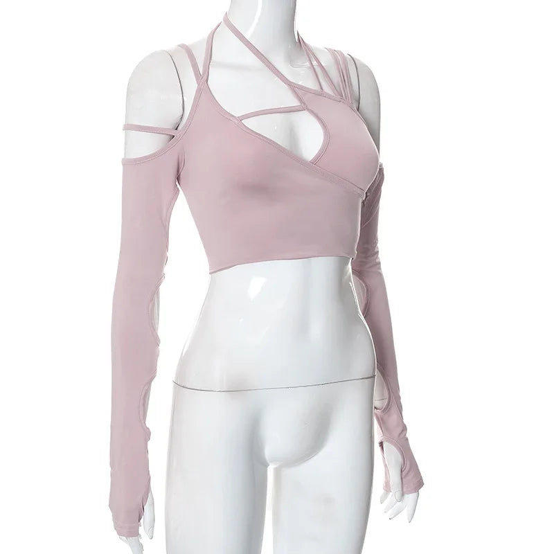 Goth Dark Cyber Y2K Halter Crop Top – Patchwork Long Sleeve Cut-Out Tee