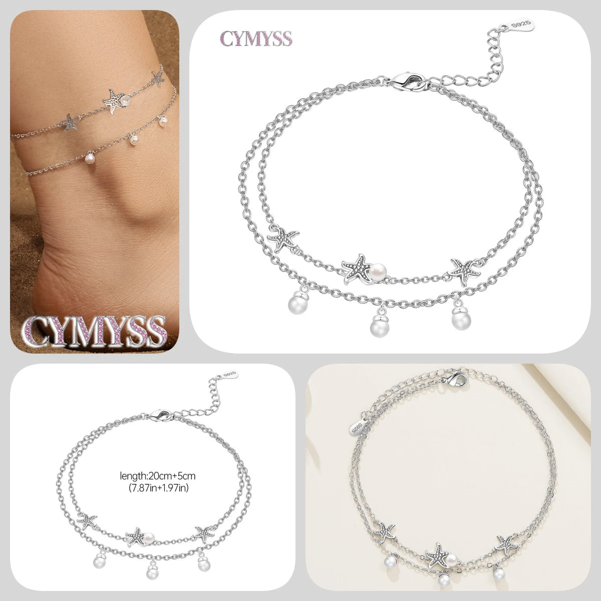 925 Sterling Silver Double-Layer Anklet – Exquisite Zircon Heart Chain Jewelry