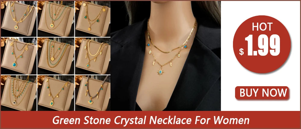 Stainless Steel Green Crystal Necklace – Bohemian Pendant Chain