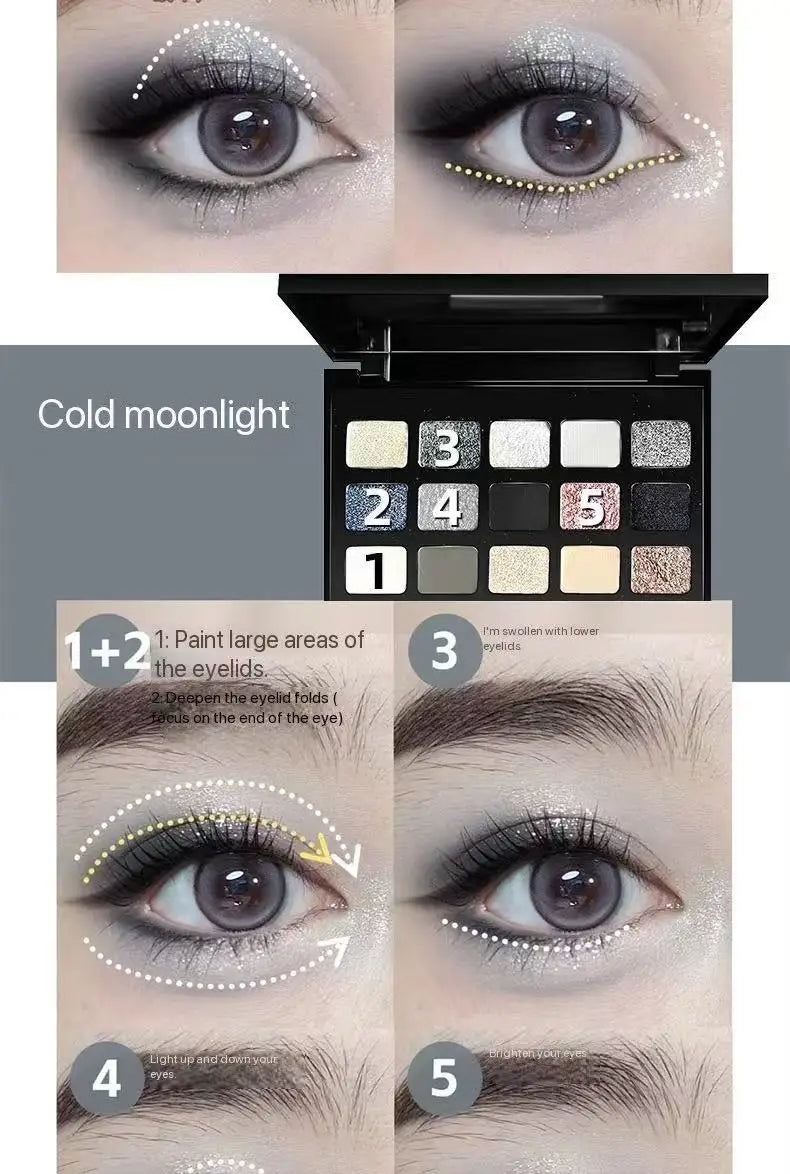15-Color Pearl Glitter Eyeshadow Palette – Smoky, Cool-Toned, Waterproof Makeup