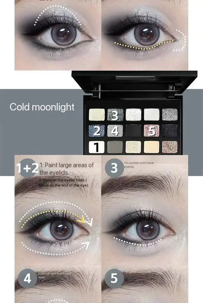 15-Color Pearl Glitter Eyeshadow Palette – Smoky, Cool-Toned, Waterproof Makeup