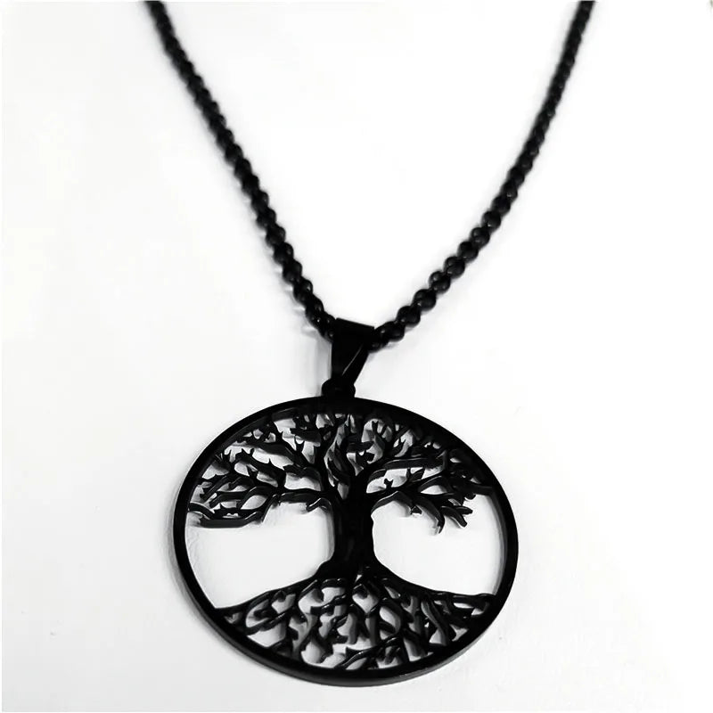 Tree of Life Stainless Steel Necklace – Black Long Pendant for Men & Women