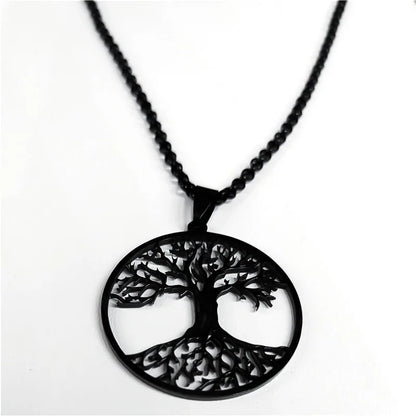 Tree of Life Stainless Steel Necklace – Black Long Pendant for Men & Women
