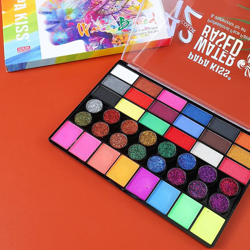 42-Color UV Neon & Glitter Face & Body Paint Palette – Water-Activated Art Makeup