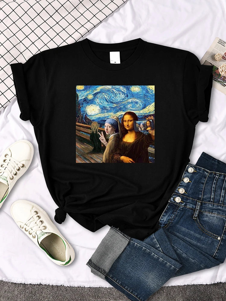 Mona Lisa Funny Cat T-Shirt – Oversized Art Print Crewneck Tee for Women