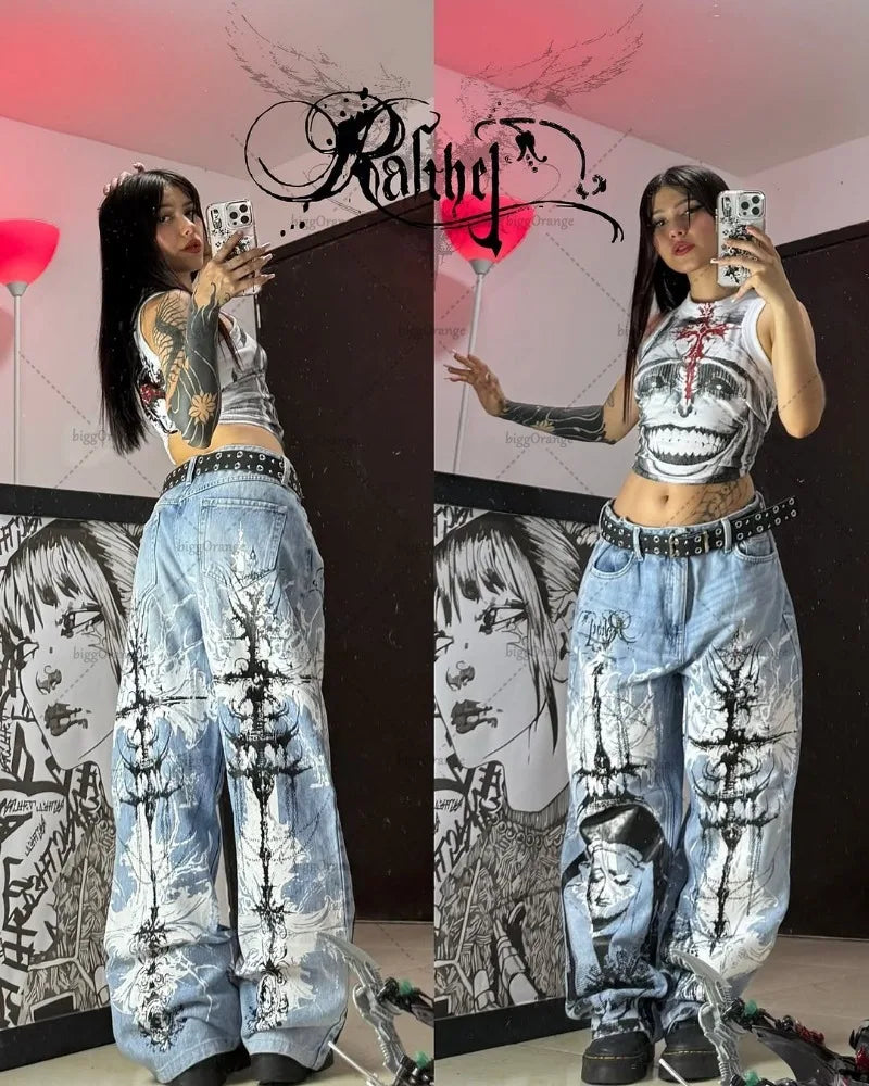 Y2K Gothic Cargo Pants – Wide-Leg Streetwear Trousers with Red Floral Graffiti Print