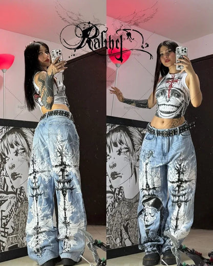 Y2K Gothic Cargo Pants – Wide-Leg Streetwear Trousers with Red Floral Graffiti Print