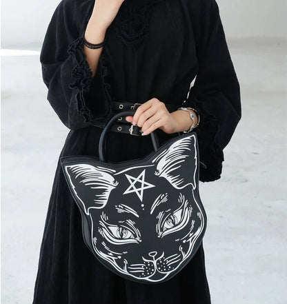Gothic Pentacle Cat Shoulder Bag – Punk Rock Women’s Black Handbag