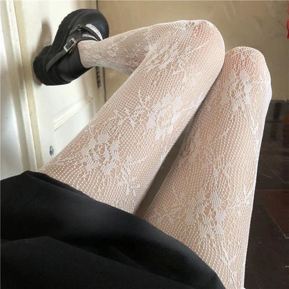 White & Black Hollow Lace Mesh Pantyhose – Floral Rattan Stockings