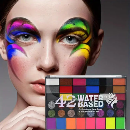 42-Color UV Neon & Glitter Face & Body Paint Palette – Water-Activated Art Makeup