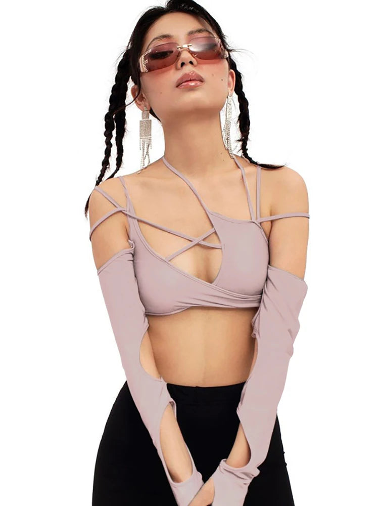 Goth Dark Cyber Y2K Halter Crop Top – Patchwork Long Sleeve Cut-Out Tee