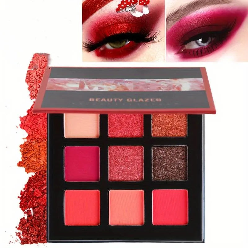 9-Color Matte & Glitter Eyeshadow Palette – Red Tone Shimmer Collection