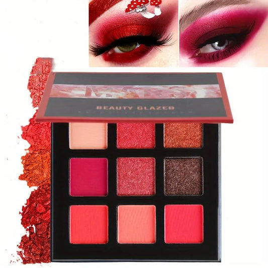 9-Color Matte & Glitter Eyeshadow Palette – Red Tone Shimmer Collection