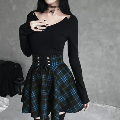 Black Checkered Pleated Gothic Mini Skirt – Punk Plaid Lace-Up Clubwear