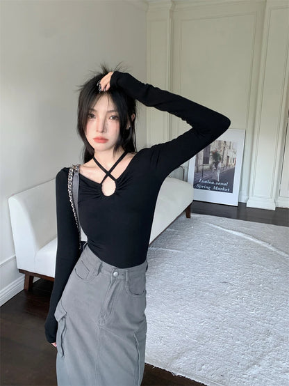 Y2K Halter Bandage V-Neck Long Sleeve Top – Korean Streetwear Style