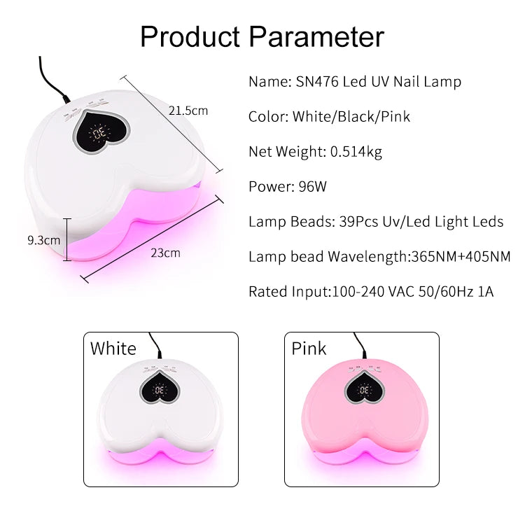 High Power 96W Heart-Shaped LED Nail Lamp – Red Light Gel Polish Dryer