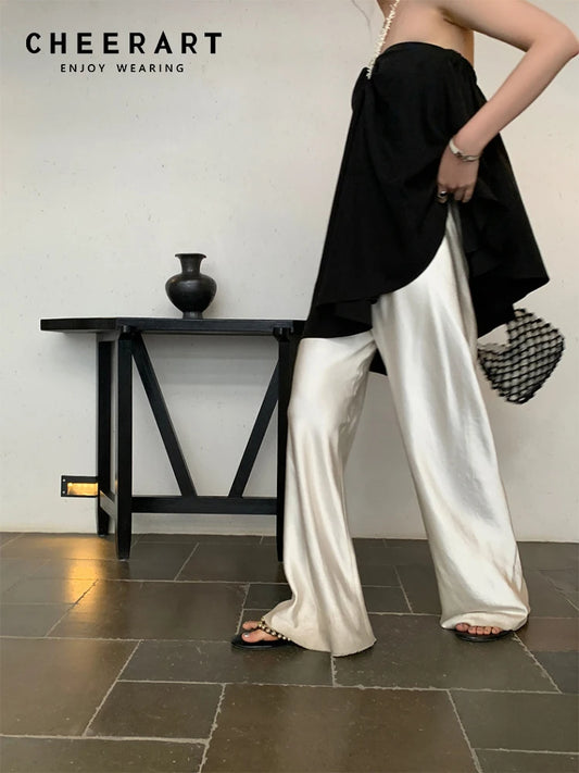 Satin Wide-Leg Pants – Elegant Korean Fashion Summer Trousers
