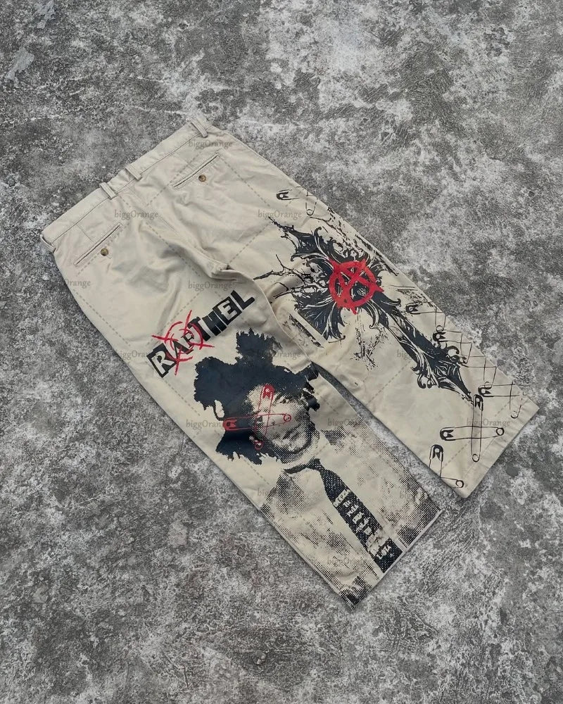 Y2K Gothic Cargo Pants – Wide-Leg Streetwear Trousers with Red Floral Graffiti Print