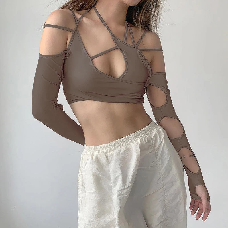 Goth Dark Cyber Y2K Halter Crop Top – Patchwork Long Sleeve Cut-Out Tee