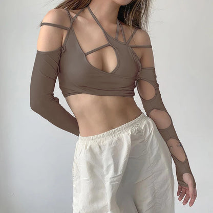 Goth Dark Cyber Y2K Halter Crop Top – Patchwork Long Sleeve Cut-Out Tee