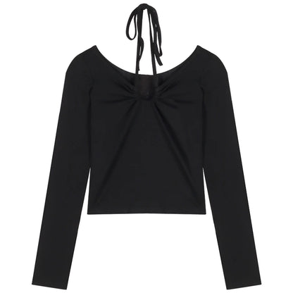 Y2K Halter Bandage V-Neck Long Sleeve Top – Korean Streetwear Style