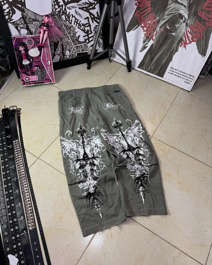 Y2K Gothic Cargo Pants – Wide-Leg Streetwear Trousers with Red Floral Graffiti Print