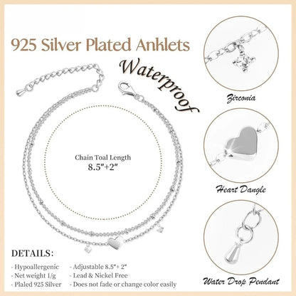 Women’s Layered Heart Anklet – 925 Silver-Plated, Waterproof Design