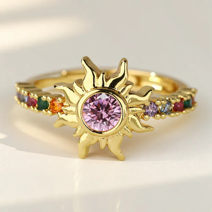 Stylish Pink & White Zircon Sun Ring – Adjustable Gold & Silver Wedding Band