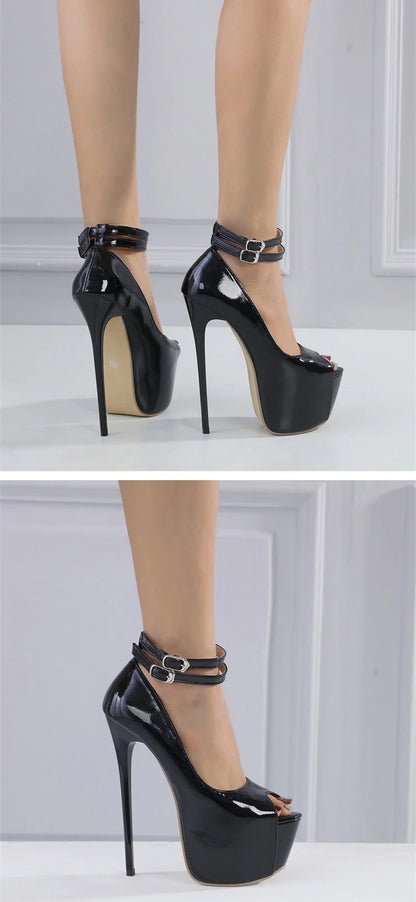 Double Buckle Platform Peep Toe High Heels