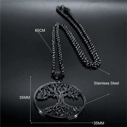 Tree of Life Stainless Steel Necklace – Black Long Pendant for Men & Women