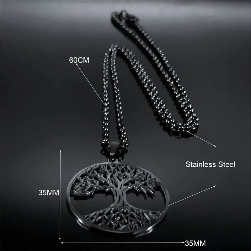 Tree of Life Stainless Steel Necklace – Black Long Pendant for Men & Women