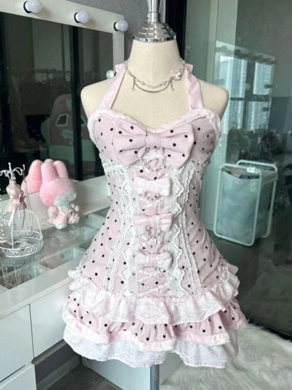 French Style Polka Dot Lace Mini Dress – Sweet Y2K Slim Waist Design