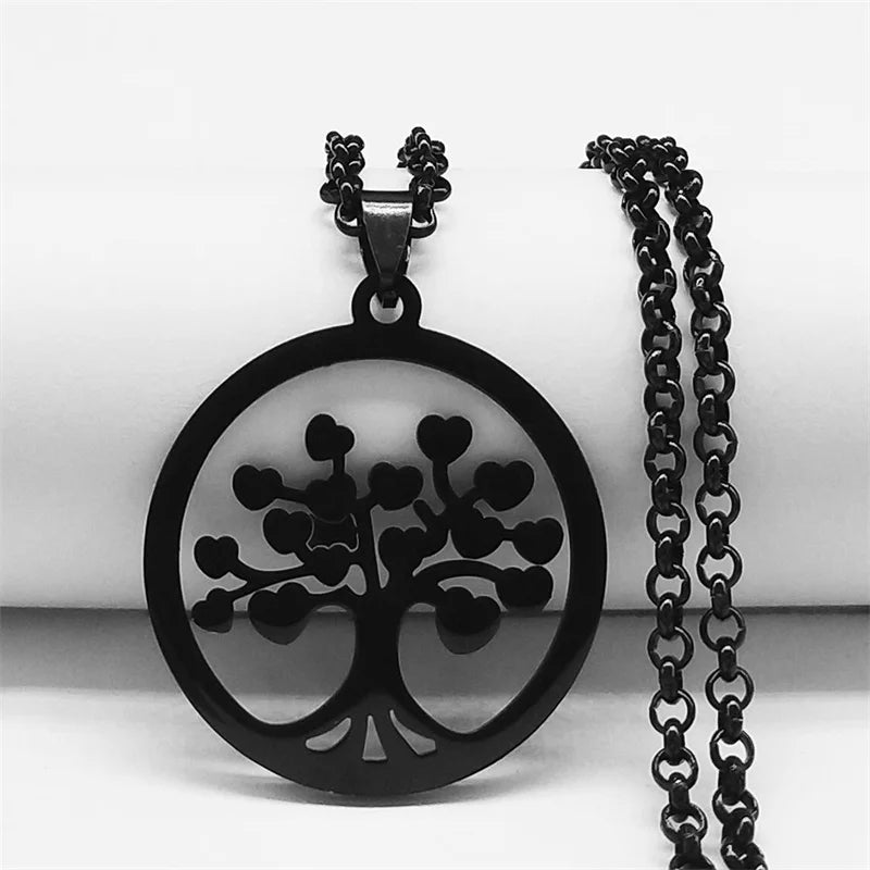 Tree of Life Stainless Steel Necklace – Black Long Pendant for Men & Women