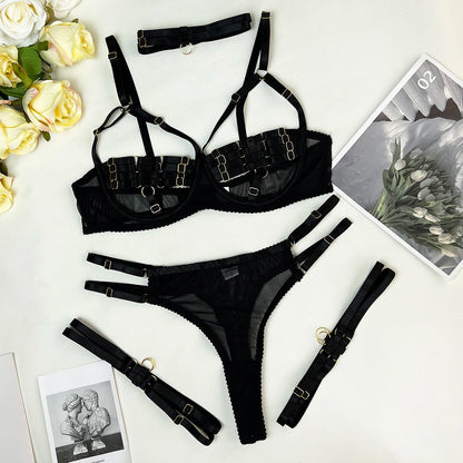 5-Piece Hollow Lingerie Set – Sensual Open Bra & Brief Outfit