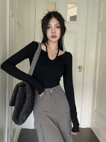 Y2K Halter Bandage V-Neck Long Sleeve Top – Korean Streetwear Style