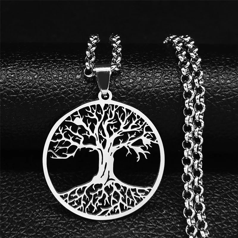 Tree of Life Stainless Steel Necklace – Black Long Pendant for Men & Women