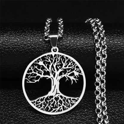 Tree of Life Stainless Steel Necklace – Black Long Pendant for Men & Women