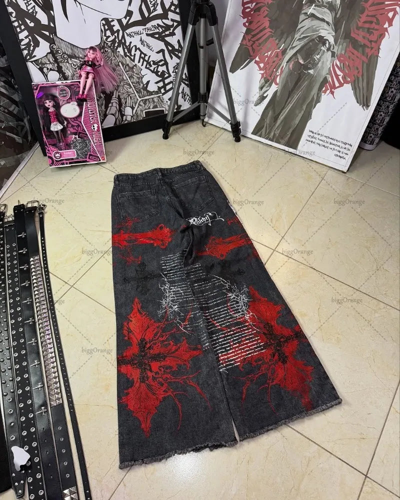 Y2K Gothic Cargo Pants – Wide-Leg Streetwear Trousers with Red Floral Graffiti Print