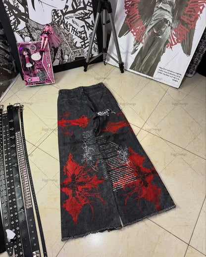 Y2K Gothic Cargo Pants – Wide-Leg Streetwear Trousers with Red Floral Graffiti Print