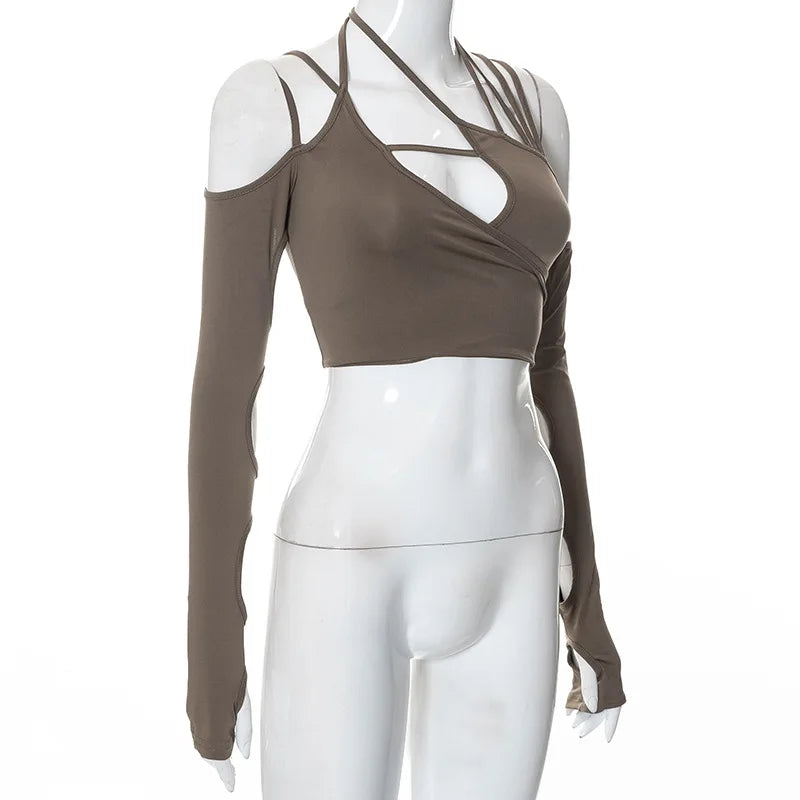 Goth Dark Cyber Y2K Halter Crop Top – Patchwork Long Sleeve Cut-Out Tee