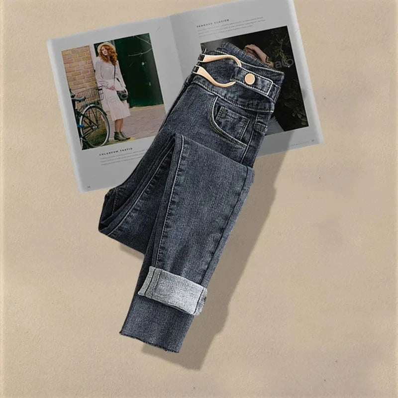 Korean Fashion Two-Piece Set – Fake Layered Shirt Top & Slim Fit Jeans