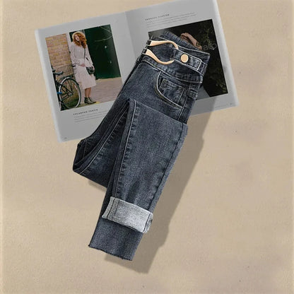 Korean Fashion Two-Piece Set – Fake Layered Shirt Top & Slim Fit Jeans