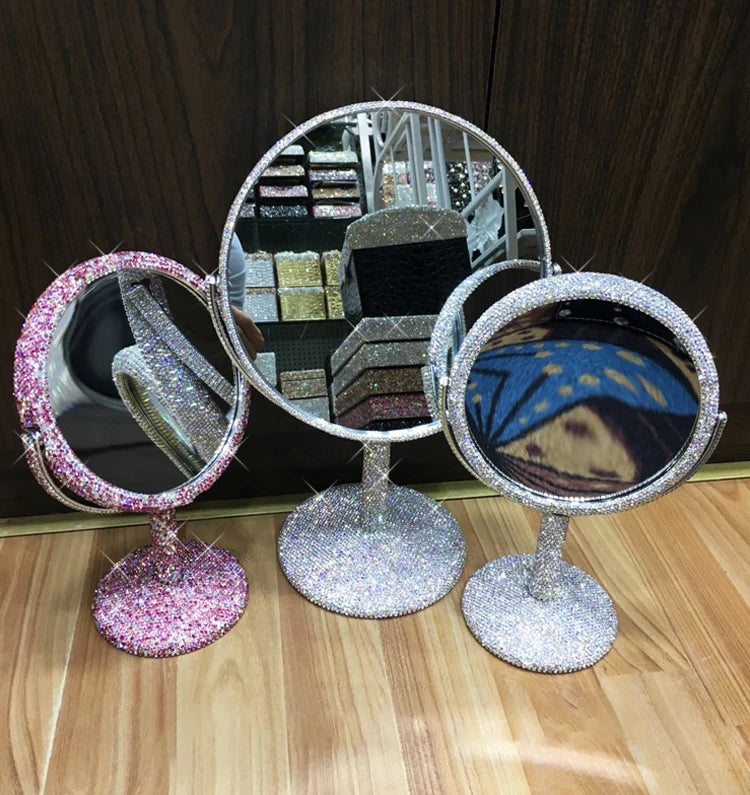 High-End Rhinestone Makeup Mirror – Rotatable Round Vanity Design