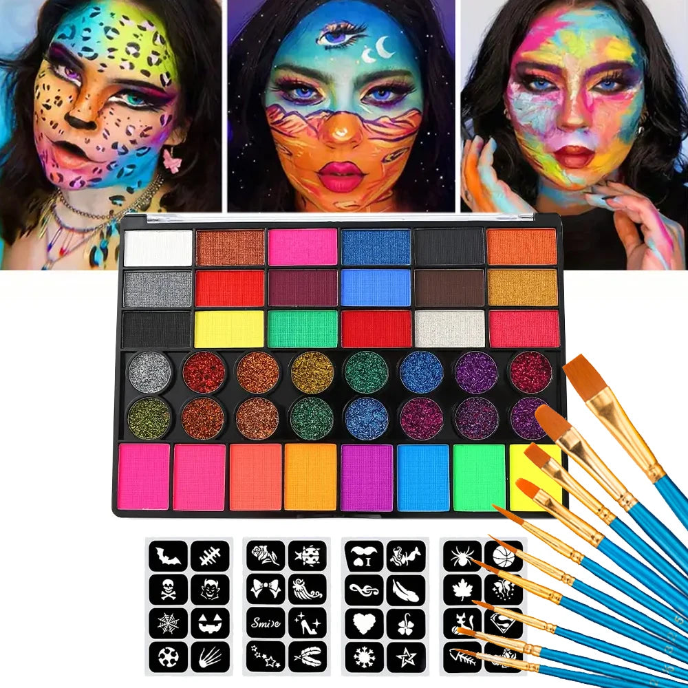 42-Color UV Neon & Glitter Face & Body Paint Palette – Water-Activated Art Makeup