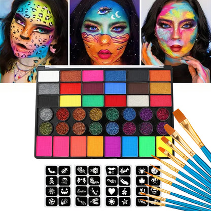 42-Color UV Neon & Glitter Face & Body Paint Palette – Water-Activated Art Makeup